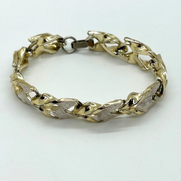 Mid Century Modern Mixed Metal Link Bracelet, Two Tone Gold and Silver Geometric - Picture 1 of 11